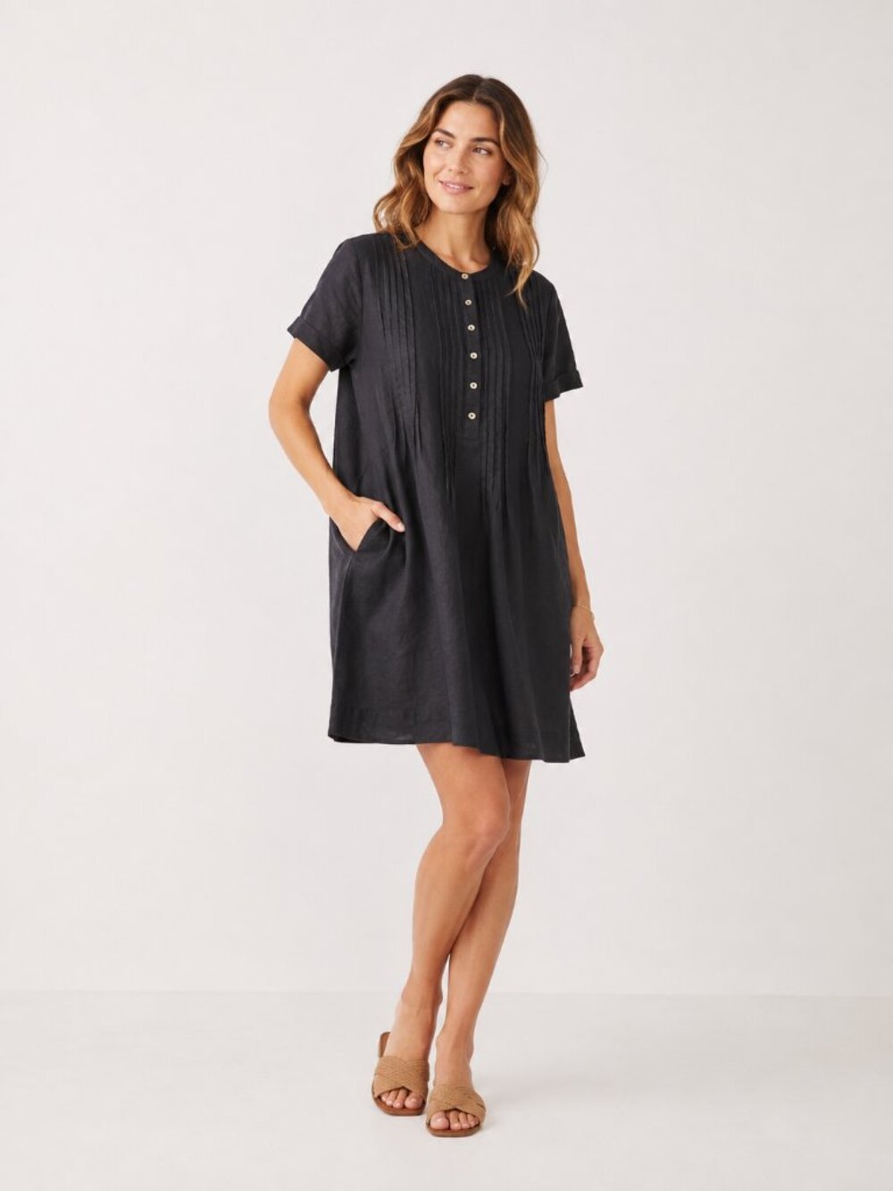 Quince 100% European Linen Black Pintuck Swing Dress Pockets XL